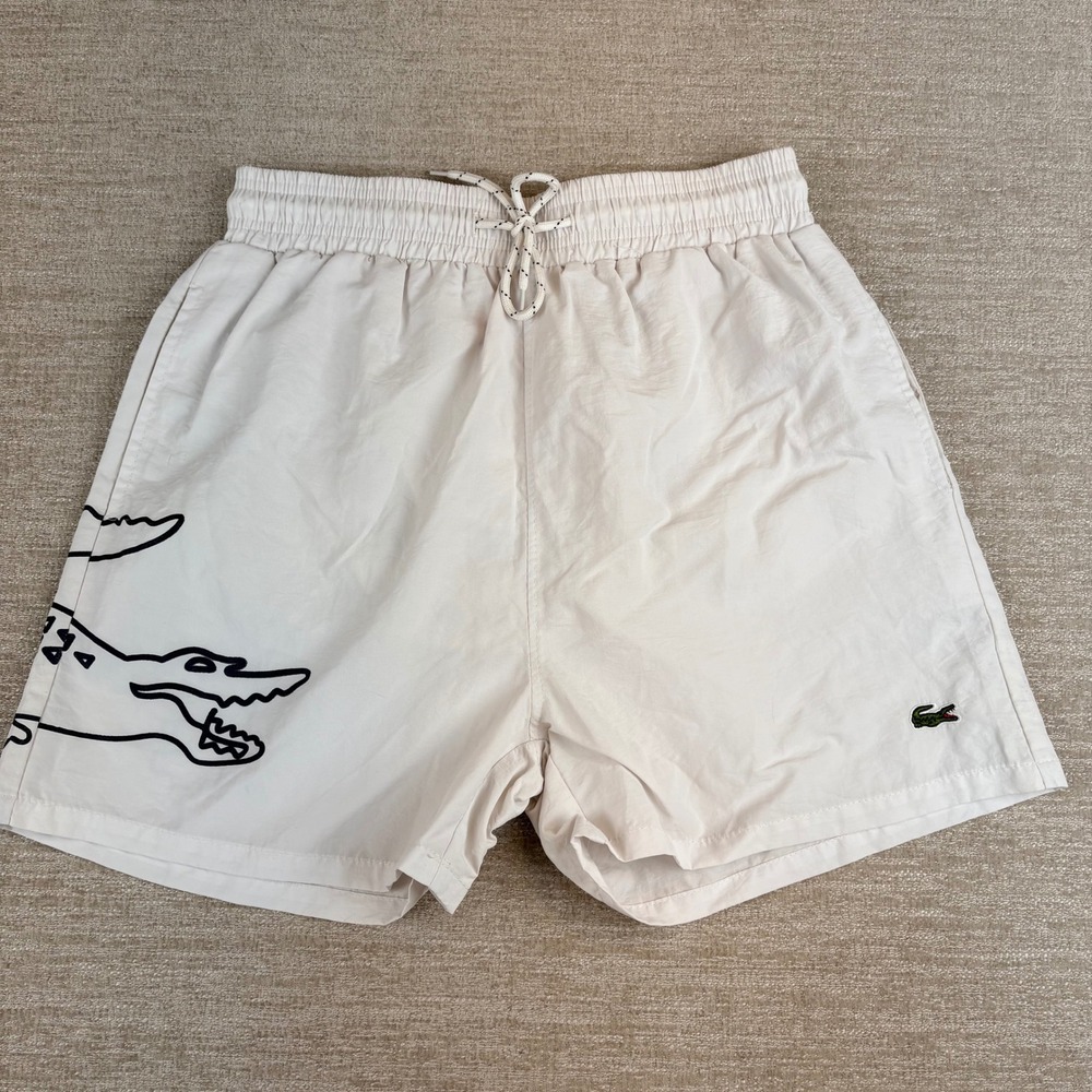 Lacoste L!VE Swim Shorts Mens Medium White Graphic Logo EUC Designer Old Money